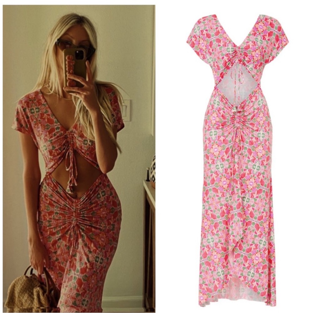 Misa Los Angeles Carlotta Front Cutout Ruched Maxi Dress Pink Floral Size Medium